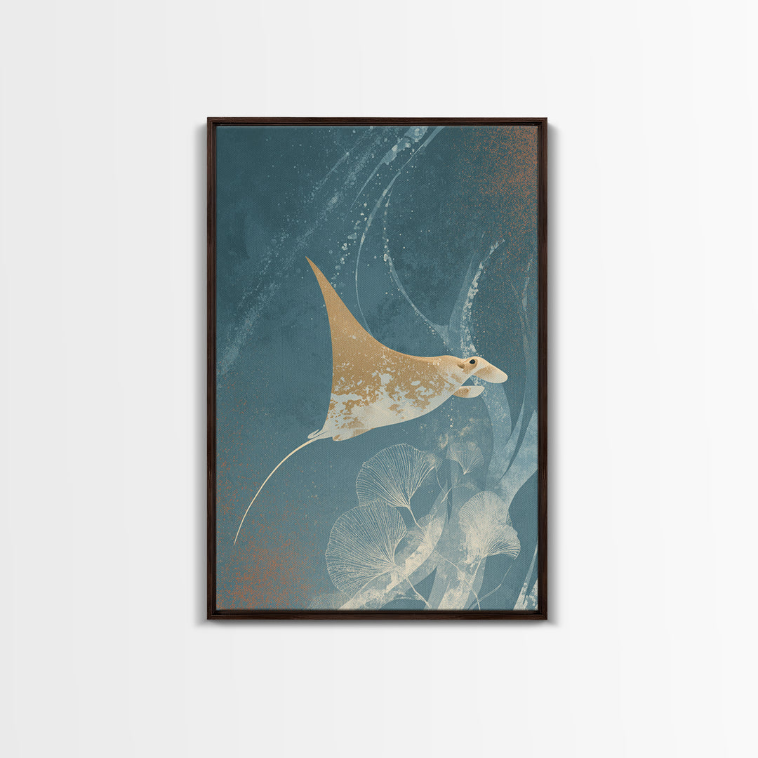 Manta Ray Flying Through Underwater Light Framed Canvas Print, Marine Life Art, Home Decor, Living Room Decor, Fine Art, Marine, MLA-2x3-46