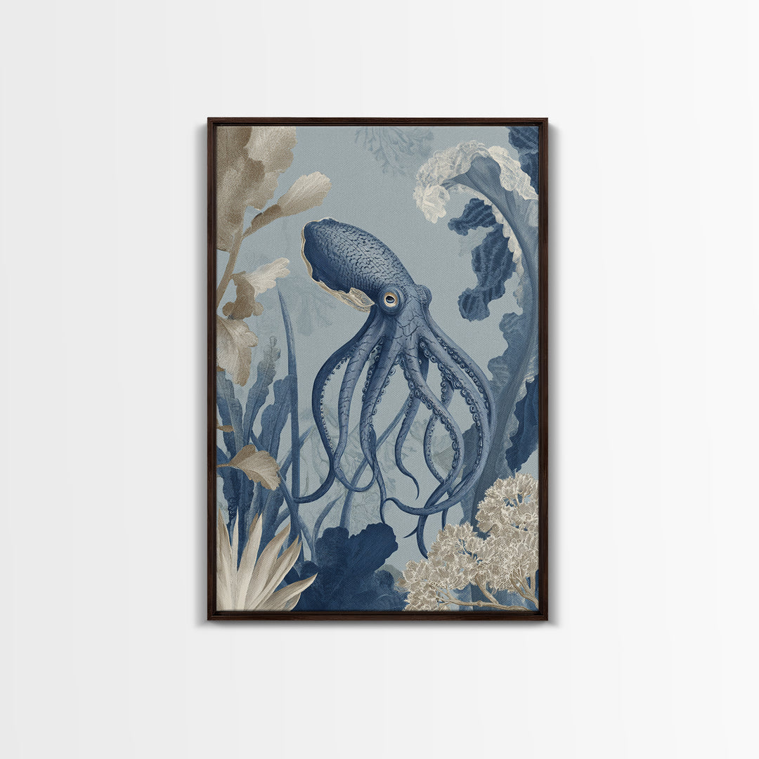 Squid in a Mysterious Midnight Sea Framed Canvas Print, Marine Life Art, Ocean Decor, Living Room Decor, Oil Painting, Marine, MLA-2x3-51