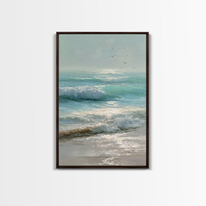 Dolphins Leaping Through Sunlit Waves Framed Canvas Print, Marine Life Art, Ocean Painting, Living Room Decor, Watercolor Art, MLA-2x3-63