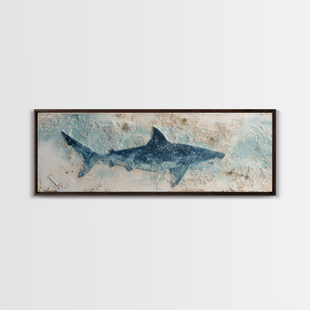 Shark Silhouette in Deep Blue Light Canvas Print, Marine Life Art, Fish Art, Living Room Decor, Abstract Art, Marine, MLA-3x1-100