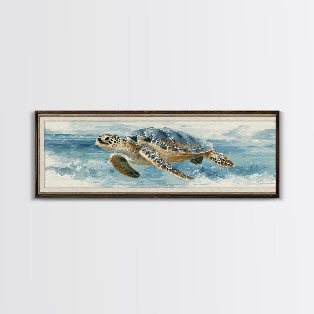 Sea Turtle Gliding Through Clear Blue Water Framed Canvas Print, Marine Life Art, Watercolor Art, Living Room Decor, Marine, MLA-3x1-17