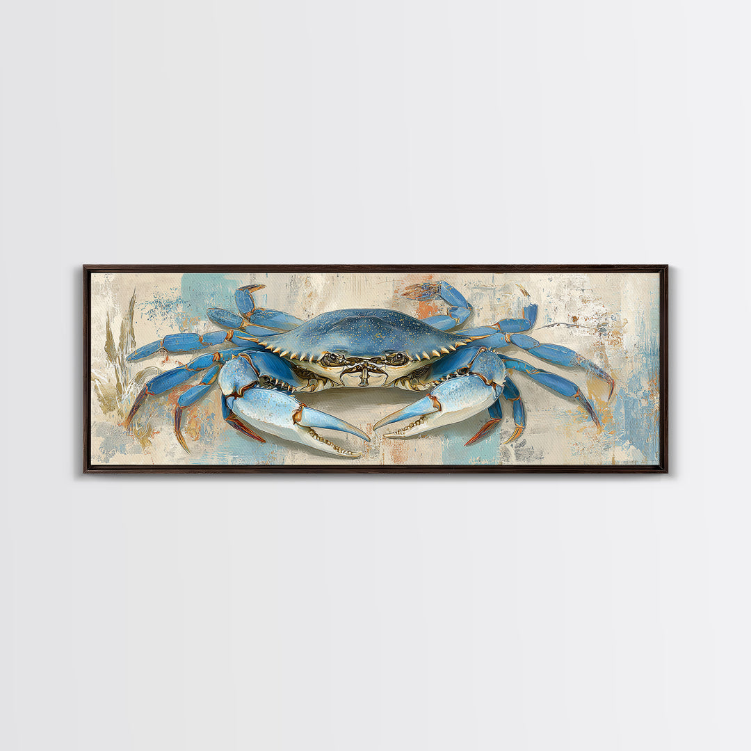 Blue Crab with Painterly Shell Texture Framed Canvas Print, Marine Life Art, Room Decor, Living Room Decor, Fine Art, Marine, MLA-3x1-2
