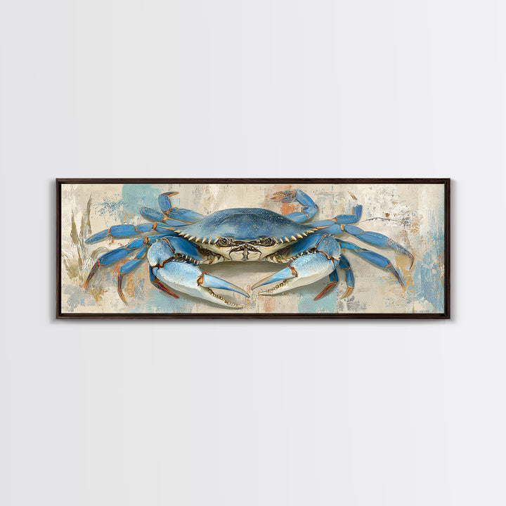 Blue Crab with Painterly Shell Texture Framed Canvas Print, Marine Life Art, Room Decor, Living Room Decor, Fine Art, Marine, MLA-3x1-2