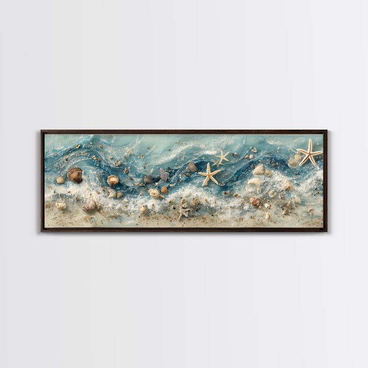 Starfish and Shells Natural Specimen Layout Framed Canvas Print, Marine Life Art, Coastal Art, Living Room Decor, Marine, MLA-3x1-53