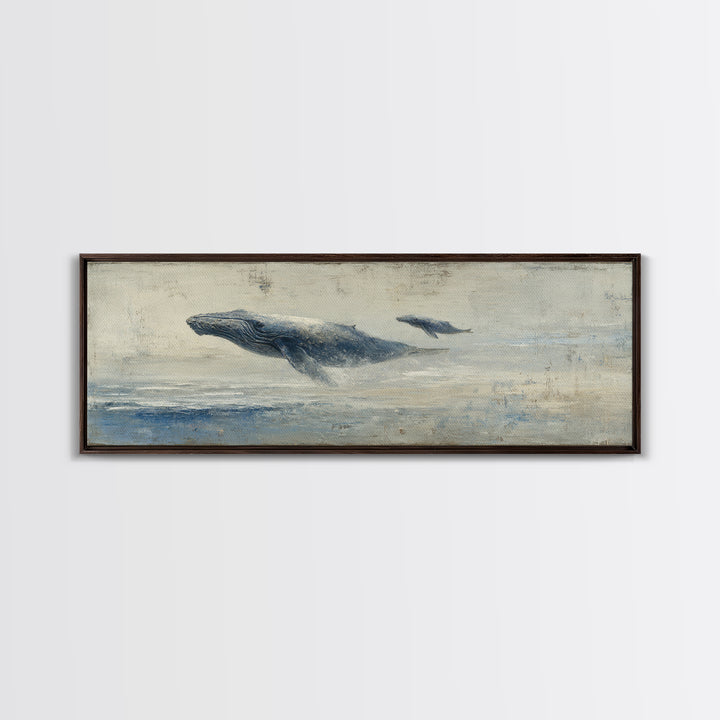 Humpback Whale and Calf Framed Canvas Print, Marine Life Art, Coastal Wall Art, Living Room Decor, Oil Painting, Marine, MLA-3x1-82