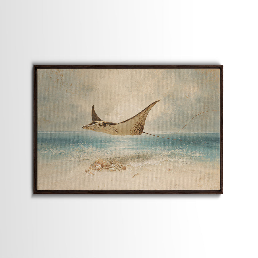 Manta Ray Flying Through Underwater Light Framed Canvas Print, Marine Life Art, Textured Painting, Living Room Decor, Marine, MLA-3x2-18