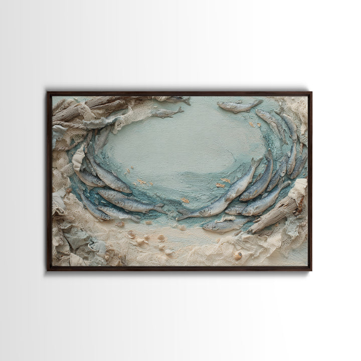School of Fish Forming a Silver Spiral Canvas Print, Marine Life Art, Minimalist Decor, Living Room Decor, Fine Art, Marine, MLA-3x2-32
