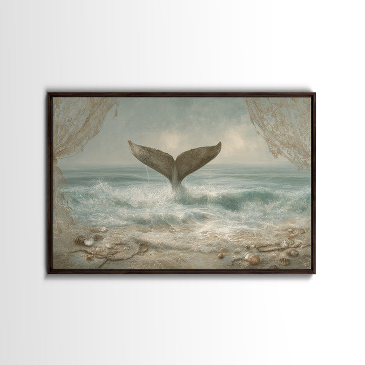 Whale Tail Rising from Misty Ocean Framed Canvas Print, Marine Life Art, Contemporary Art, Living Room Decor, Fine Art, Marine, MLA-3x2-6