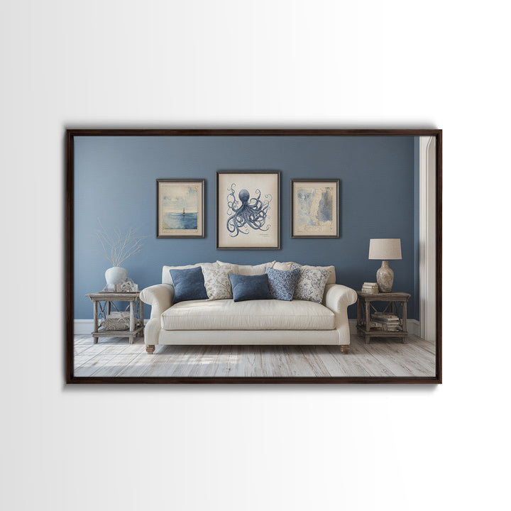 Squid in a Mysterious Midnight Sea Framed Canvas Print, Marine Life Art, Ocean Decor, Living Room Decor, Fine Art, Marine, MLA-3x2-95