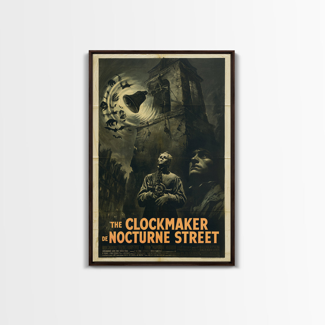 The Clockmaker Of Nocturne Street, French Horror Film Poster, Retro Gothic Cinema Art, Vintage Halloween Wall Art, Framed Canvas Print