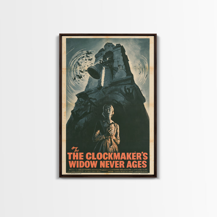The Clockmaker's Widow Never Ages, French Horror Film Poster, Retro Gothic Cinema Art, Vintage Halloween Wall Art, Framed Canvas Print