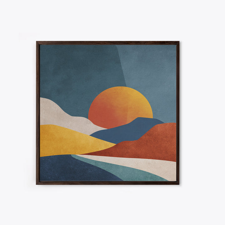Large Sun and Hill Shapes Framed Canvas Print, Midcentury Modern Art, Textured Painting, Living Room Decor, Abstract Art, Retro, MMA-1x1-29