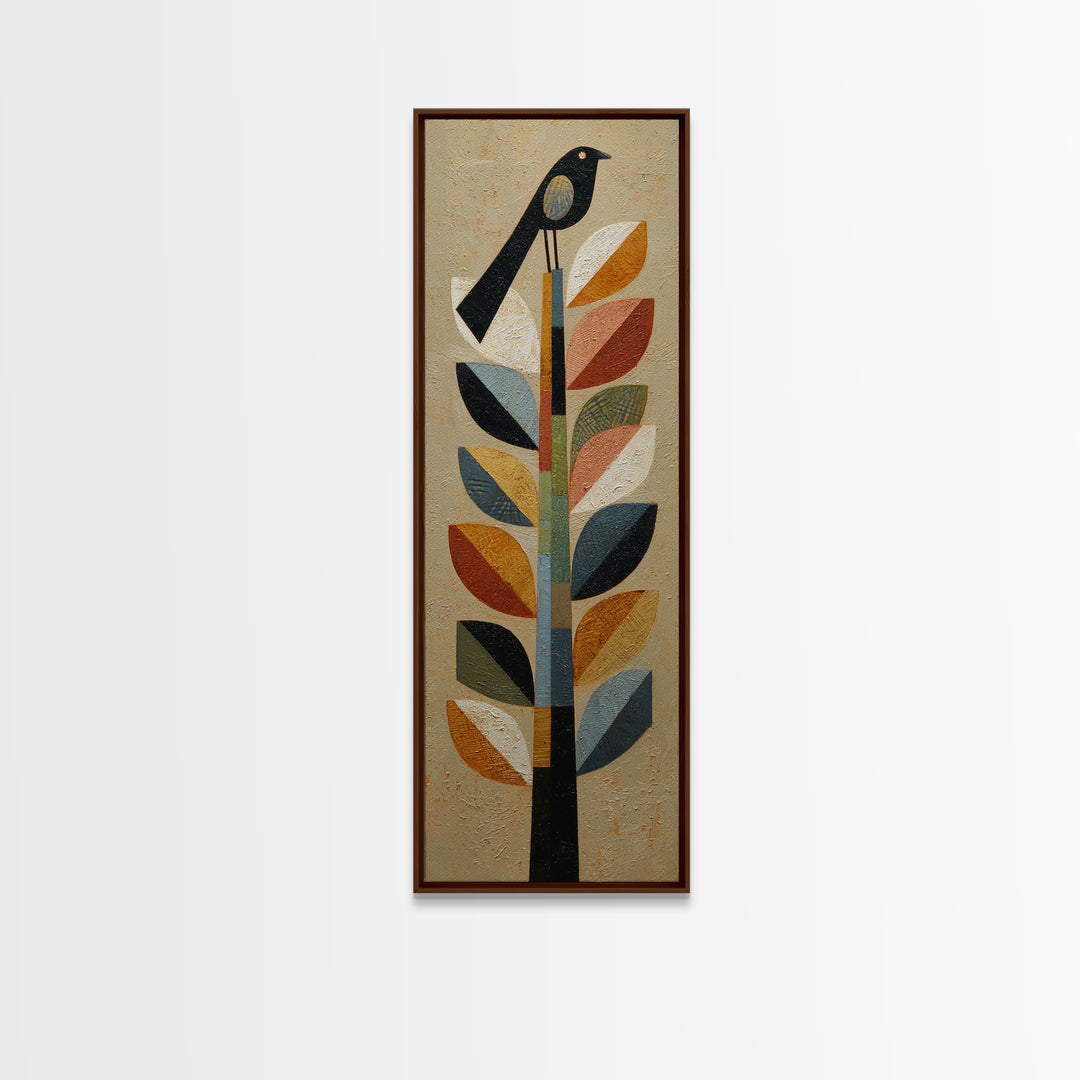 Bird Motif with Playful Geometric Feathers Canvas Print, Midcentury Modern Art, Retro Wall Art, Living Room Decor, Retro, MMA-1x3-96