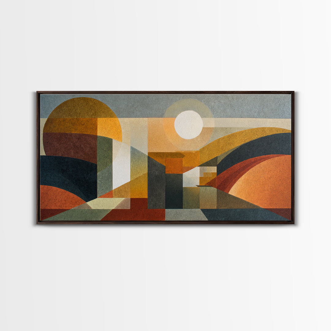 Large Sun and Hill Shapes Framed Canvas Print, Midcentury Modern Art, Art Print, Living Room Decor, Retro, Abstract Wall Art, MMA-2x1-1