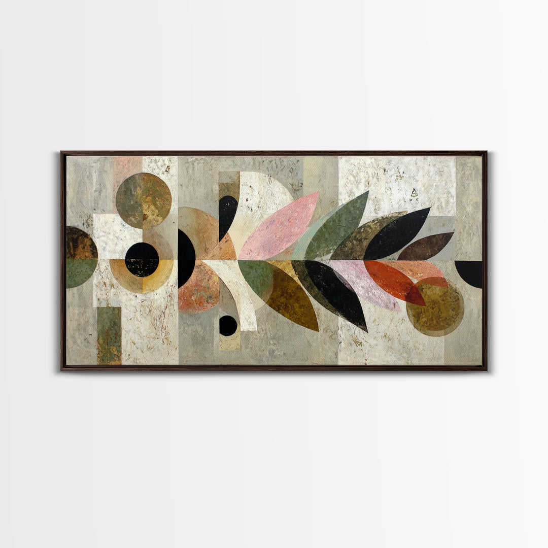 Bird Motif with Playful Geometric Feathers Framed Canvas Print, Midcentury Modern Art, Digital Print, Living Room Decor, Retro, MMA-2x1-80
