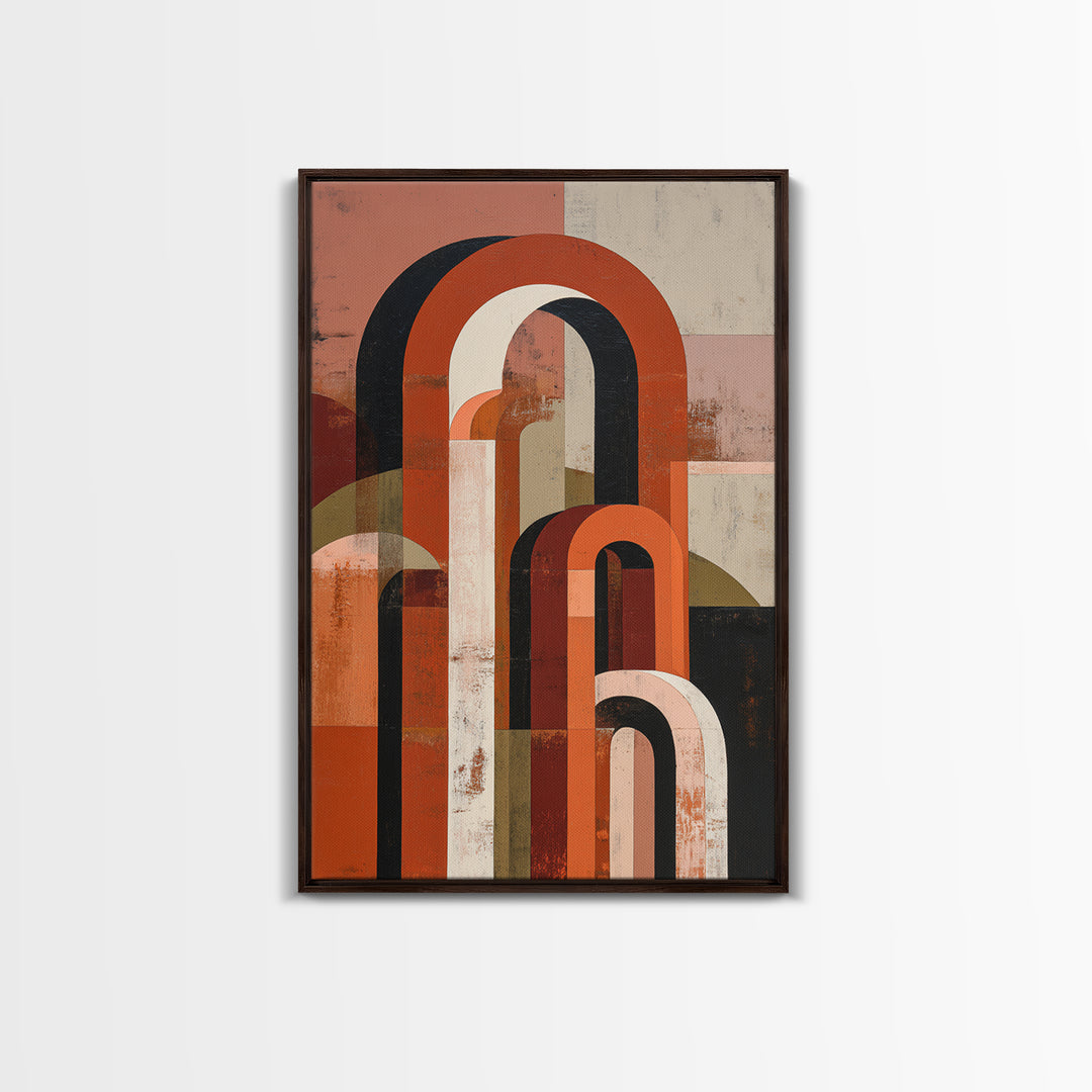 Stacked Arches in Burnt Orange and Cream Framed Canvas Print, Midcentury Modern Art, Prints, Living Room Decor, Oil Painting, MMA-2x3-21