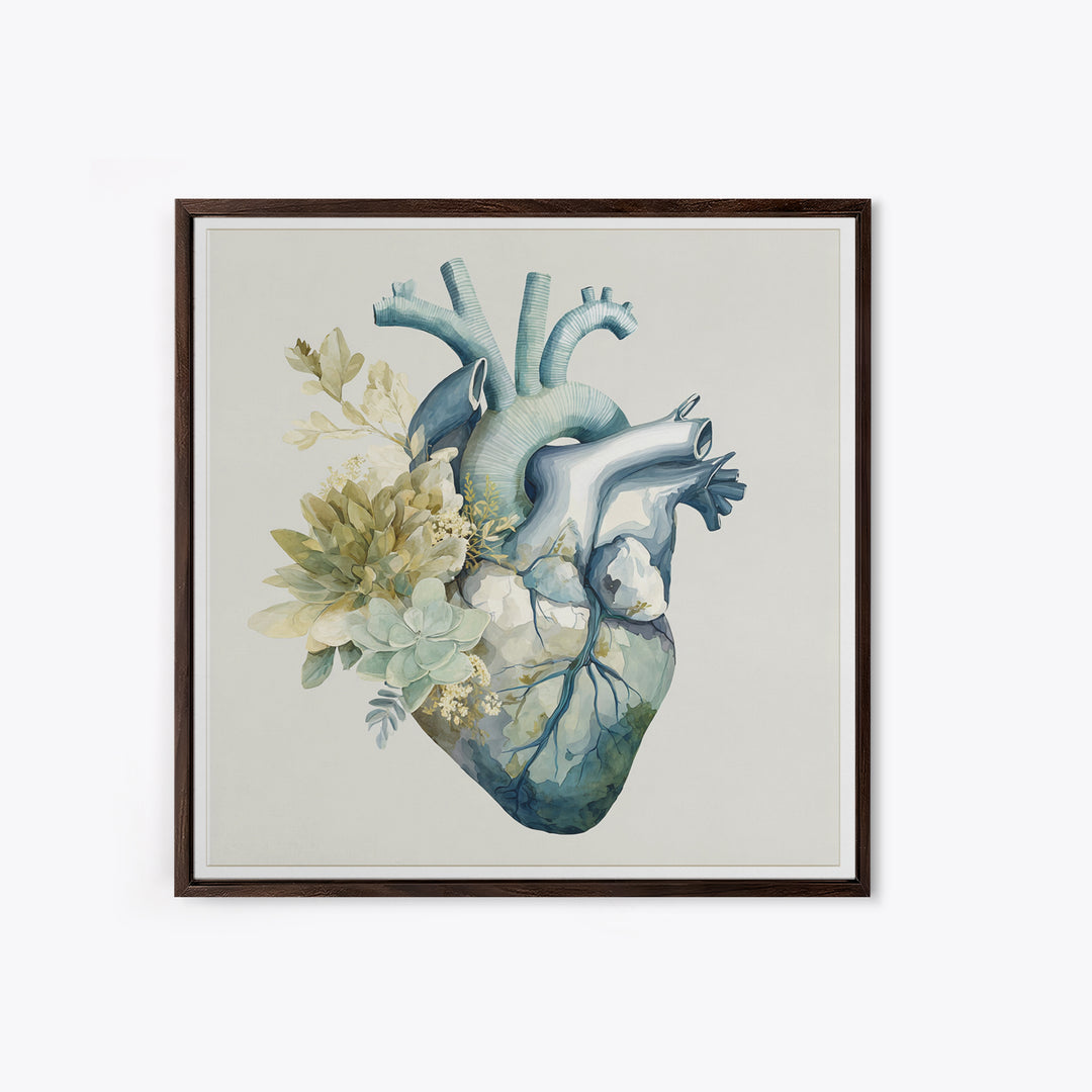 Anatomical Heart Rendered as Tasteful Botanical Art Canvas Print, Medical Office Art, Medical School, Office Decor, Calm, MOA-1x1-37