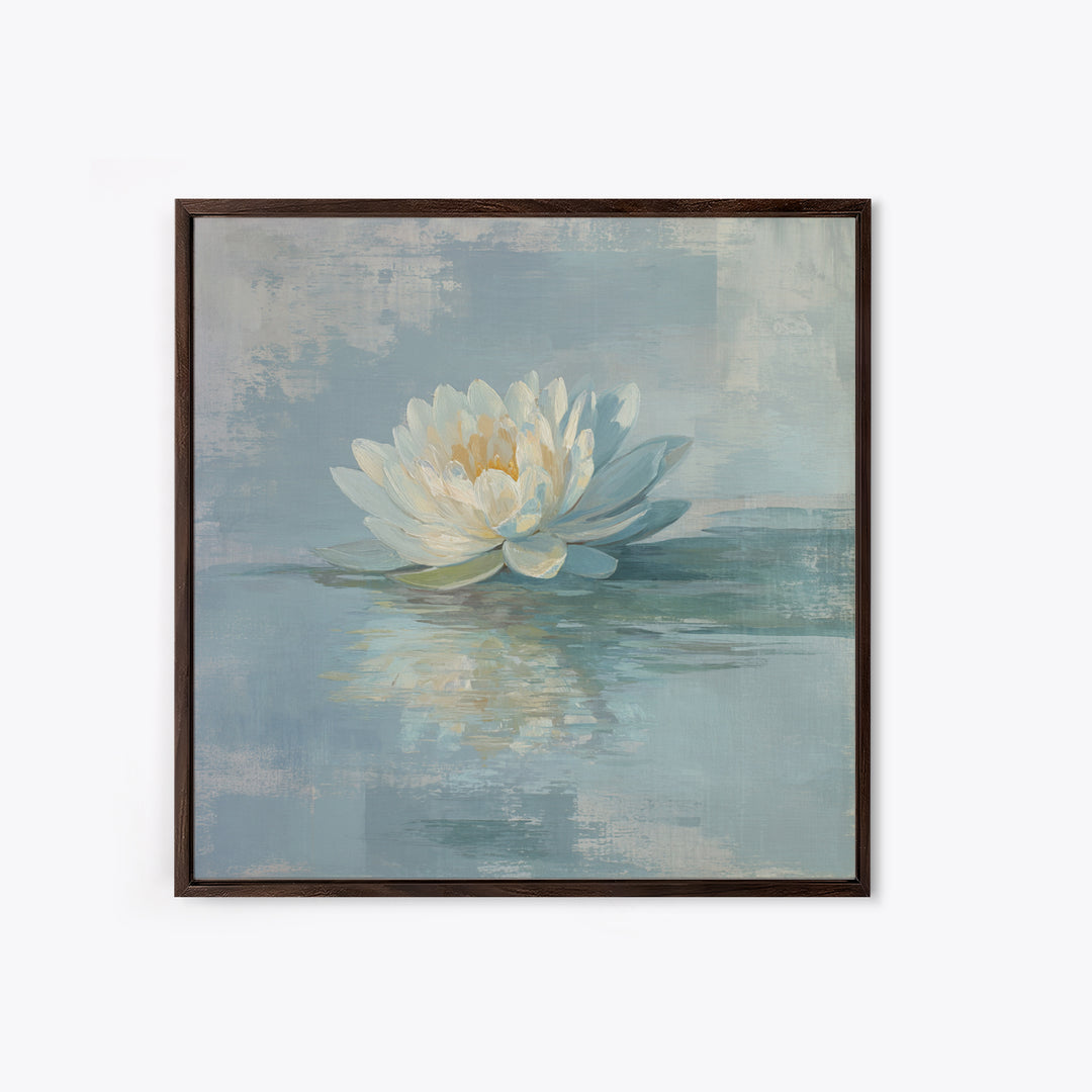 Lotus Flower Floating on Still Water Framed Canvas Print, Medical Office Art, Statement Artwork, Office Decor, Oil Painting, MOA-1x1-83