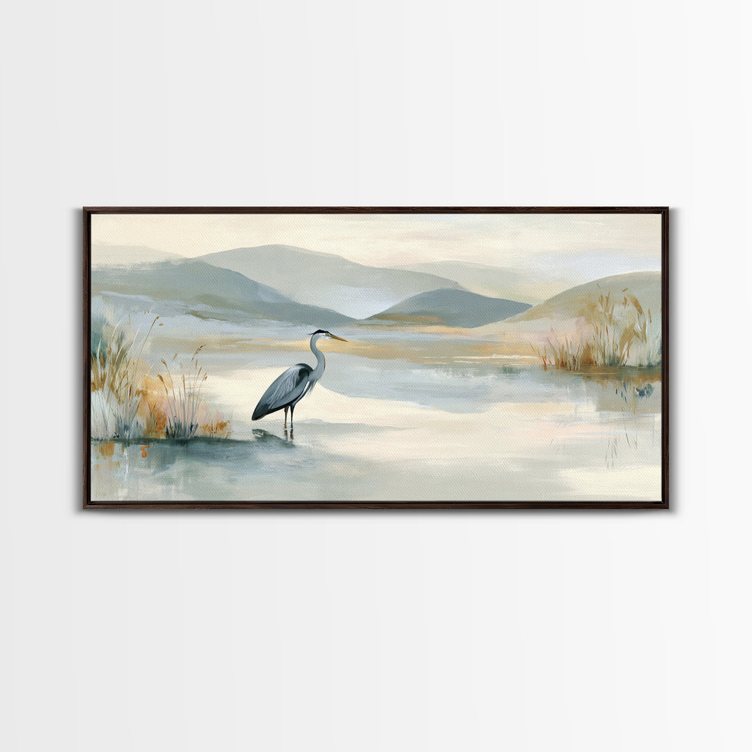 Blue Heron Standing Framed Canvas Print, Medical Office Art, Art Print, Office Decor, Calm, Printable Art, Minimalist Art, MOA-2x1-34