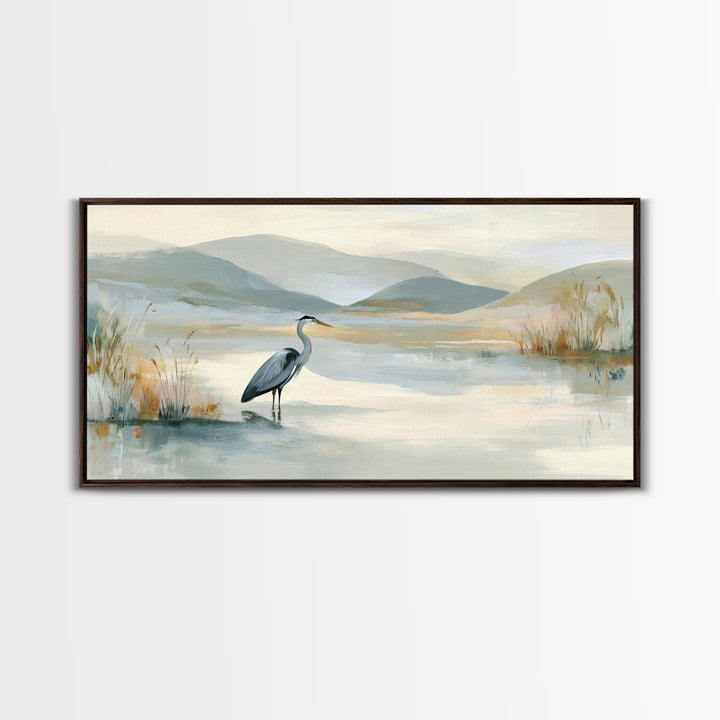 Blue Heron Standing Framed Canvas Print, Medical Office Art, Art Print, Office Decor, Calm, Printable Art, Minimalist Art, MOA-2x1-34