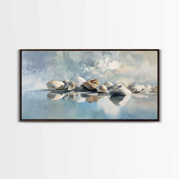 Coastal Shells and Water Study Framed Canvas Print, Medical Office Art, Home Decor, Office Decor, Fine Art, Calm, Medical Art, MOA-2x1-40