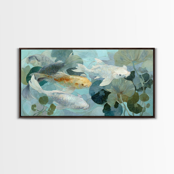 Calm Koi Fish Swimming Through Clear Water Framed Canvas Print, Medical Office Art, Statement Artwork, Office Decor, Calm, MOA-2x1-42