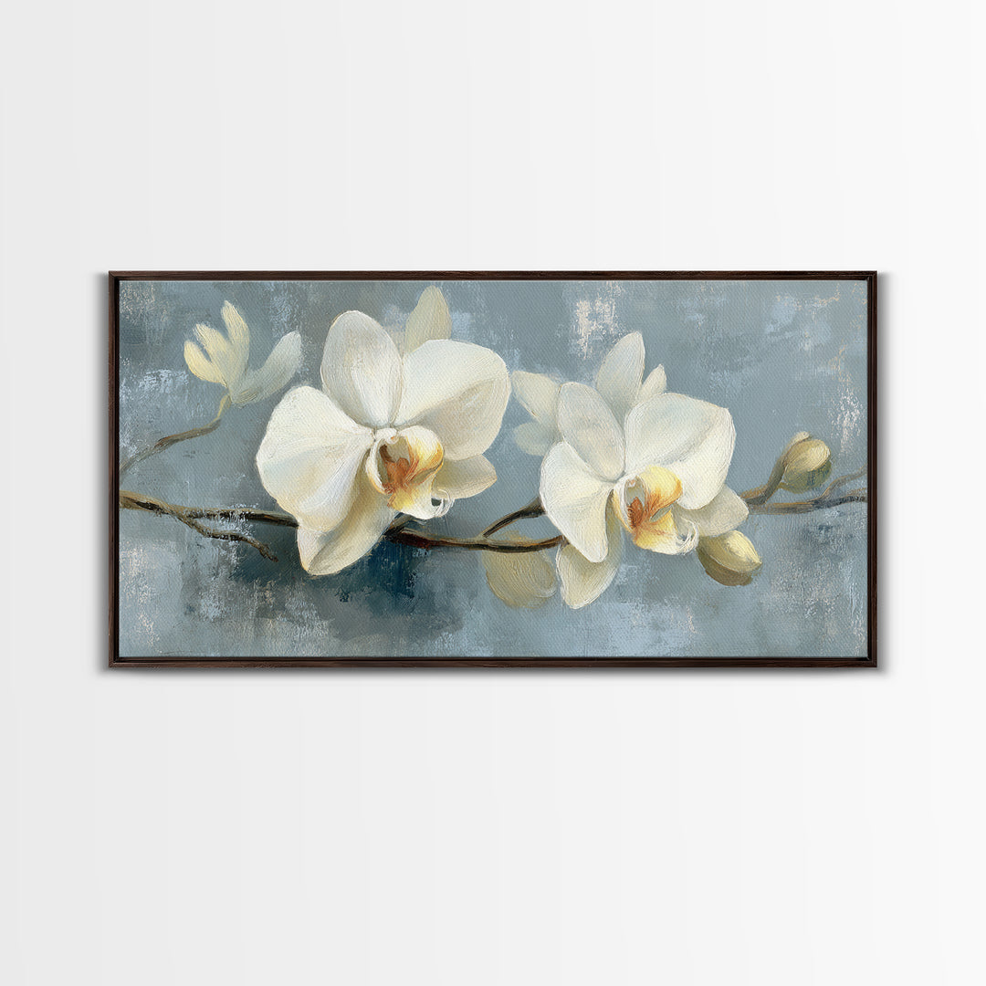 White Orchid on Gray Stone Surface Framed Canvas Print, Medical Office Art, Minimalist Decor, Office Decor, Fine Art, Calm, MOA-2x1-50