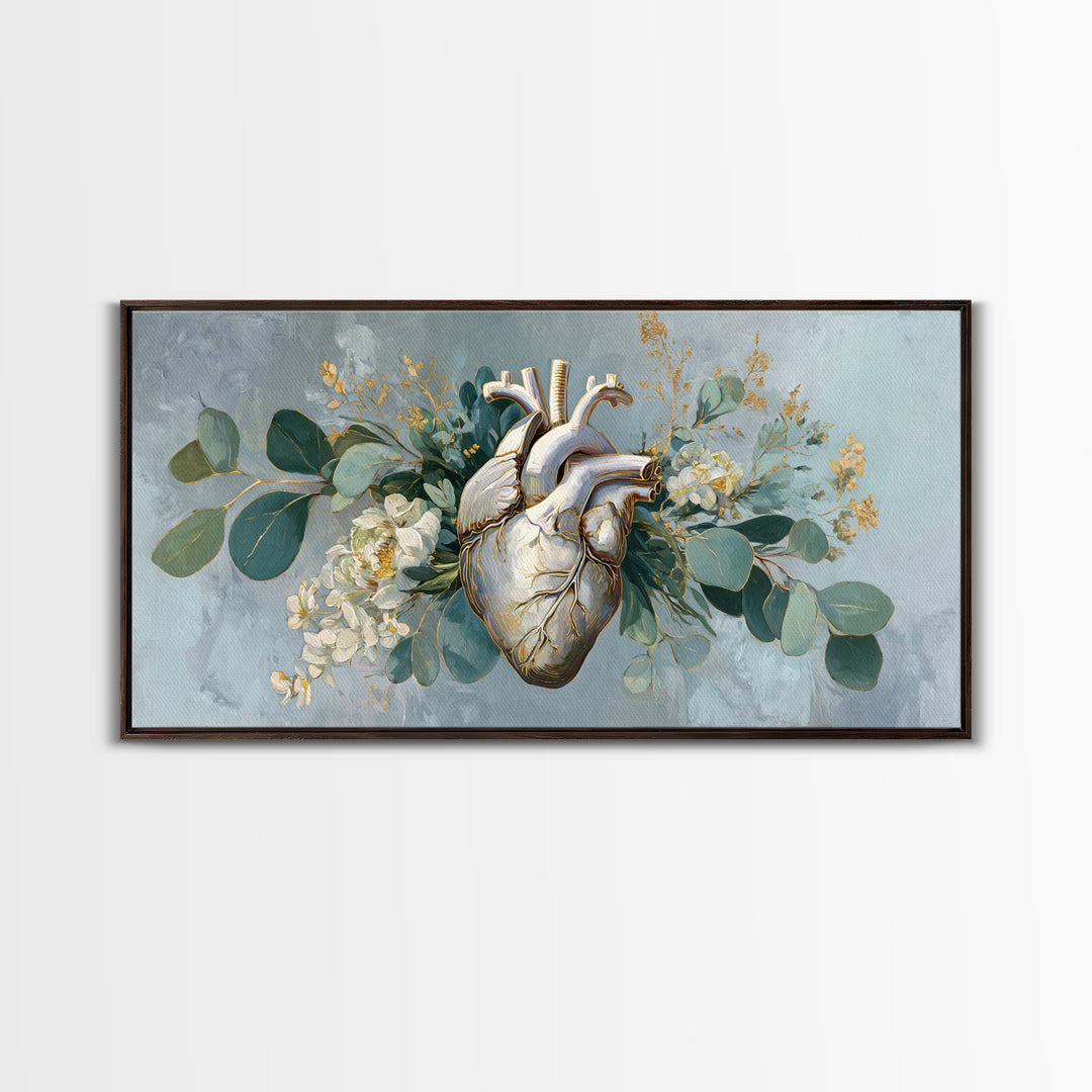 Anatomical Heart Rendered as Tasteful Botanical Art Canvas Print, Medical Office Art, Digital Art, Office Decor, Watercolor Art, MOA-2x1-57