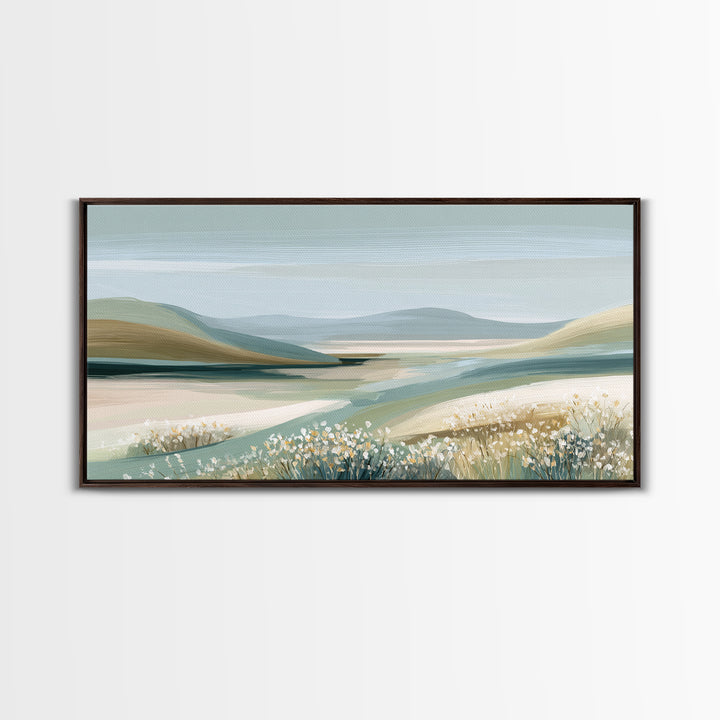 Sunlit Meadow with Wildflowers and Calm Mood Framed Canvas Print, Medical Office Art, Luxury Decor, Office Decor, MOA-2x1-8
