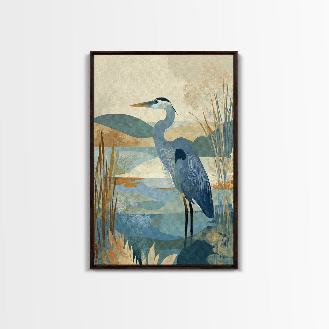 Blue Heron Standing Framed Canvas Print, Medical Office Art, Textured Painting, Office Decor, Fine Art, Calm, Minimalist Art, MOA-2x3-22