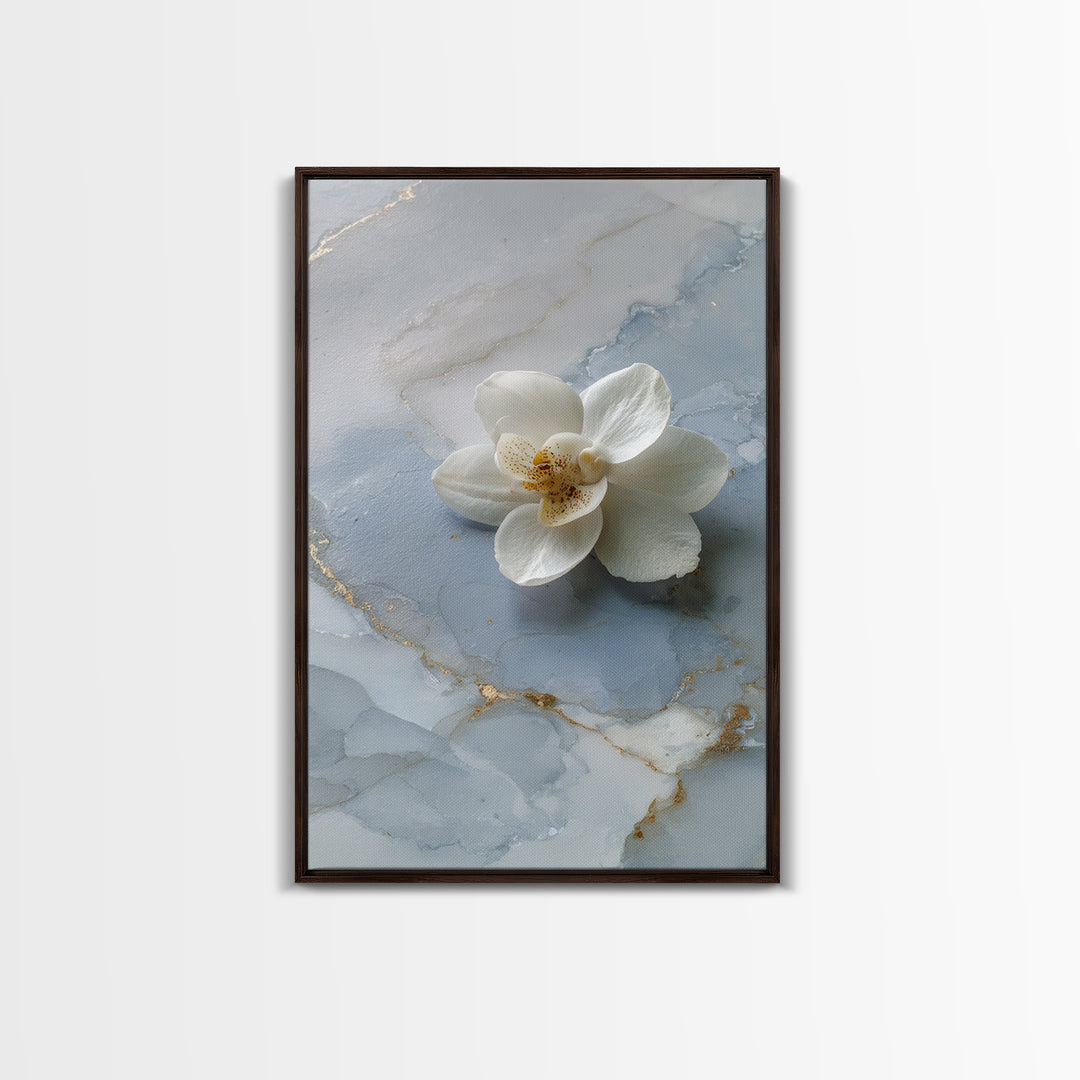 White Orchid on Gray Stone Surface Framed Canvas Print, Medical Office Art, Wall Art, Office Decor, Calm, Printable Card, MOA-2x3-38
