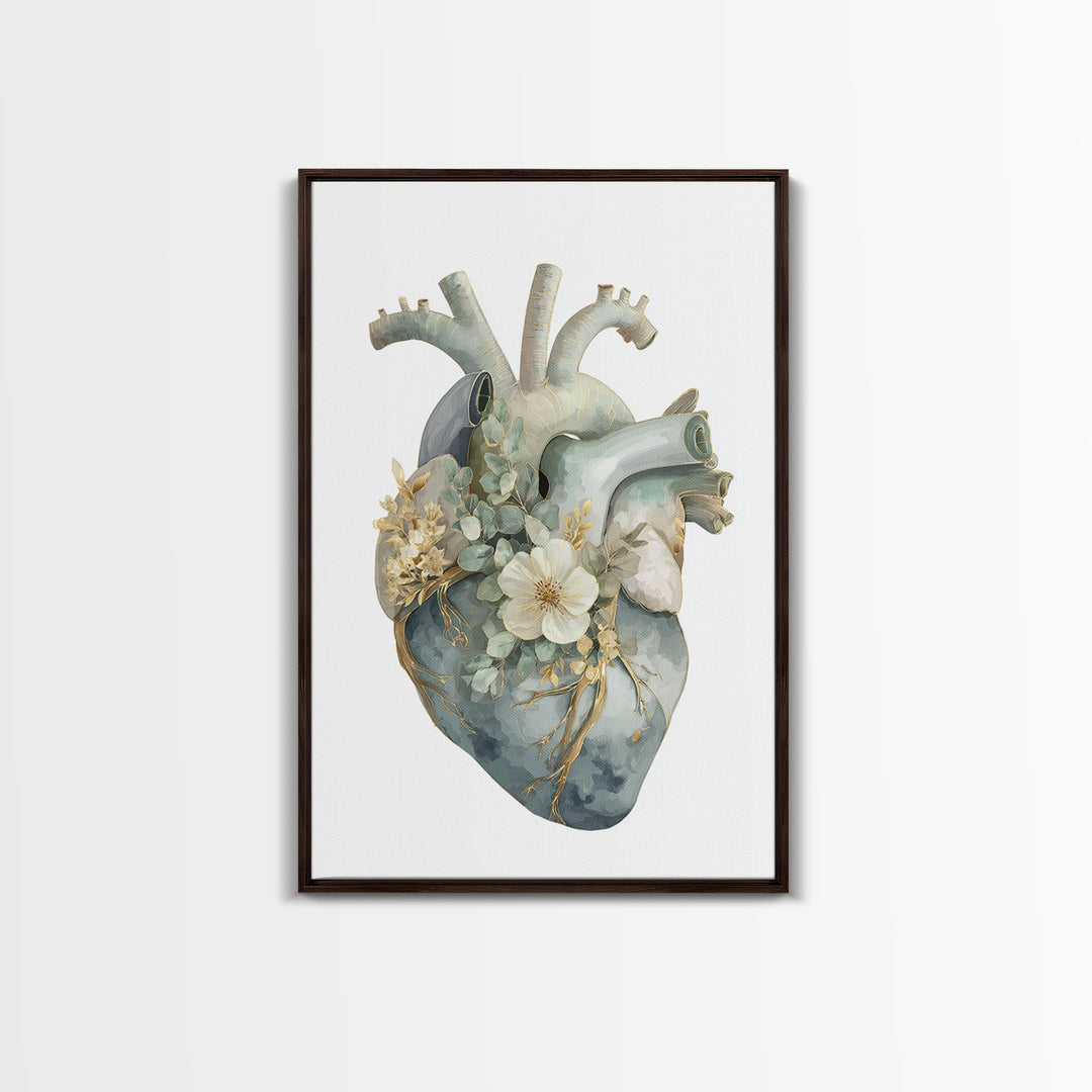 Anatomical Heart Rendered as Tasteful Botanical Art Canvas Print, Medical Office Art, Office Decor, Oil Painting, Calm, MOA-2x3-45