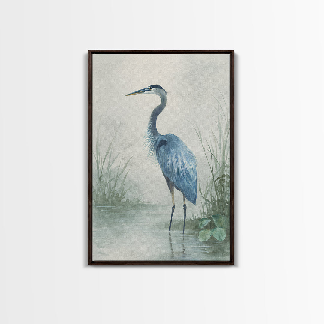 Blue Heron Standing Framed Canvas Print, Medical Office Art, Textured Painting, Office Decor, Fine Art, Calm, Minimalist Art, MOA-2x3-46