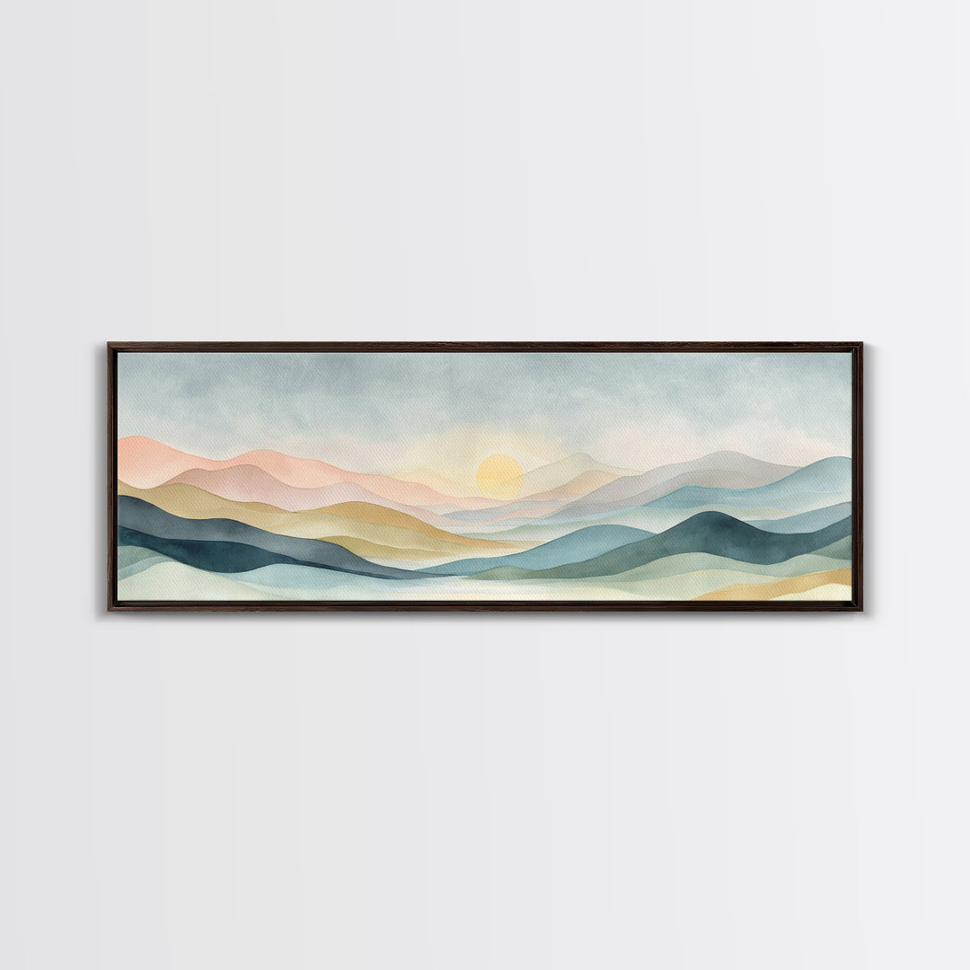 Minimal Sunrise over Rounded Hills Framed Canvas Print, Medical Office Art, Science Art, Office Decor, Fine Art, Calm, MOA-3x1-15