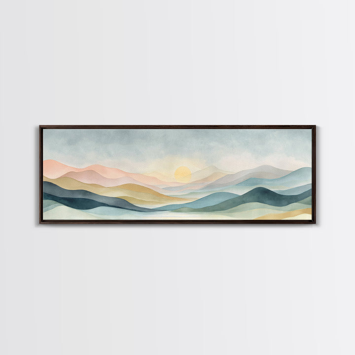 Minimal Sunrise over Rounded Hills Framed Canvas Print, Medical Office Art, Science Art, Office Decor, Fine Art, Calm, MOA-3x1-15