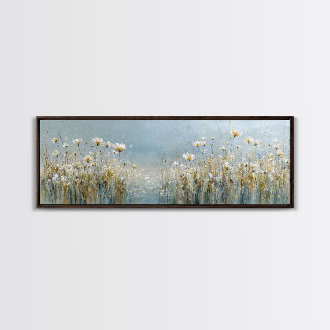 Sunlit Meadow with Wildflowers and Calm Mood Framed Canvas Print, Medical Office Art, Science Art, Office Decor, Watercolor Art, MOA-3x1-28