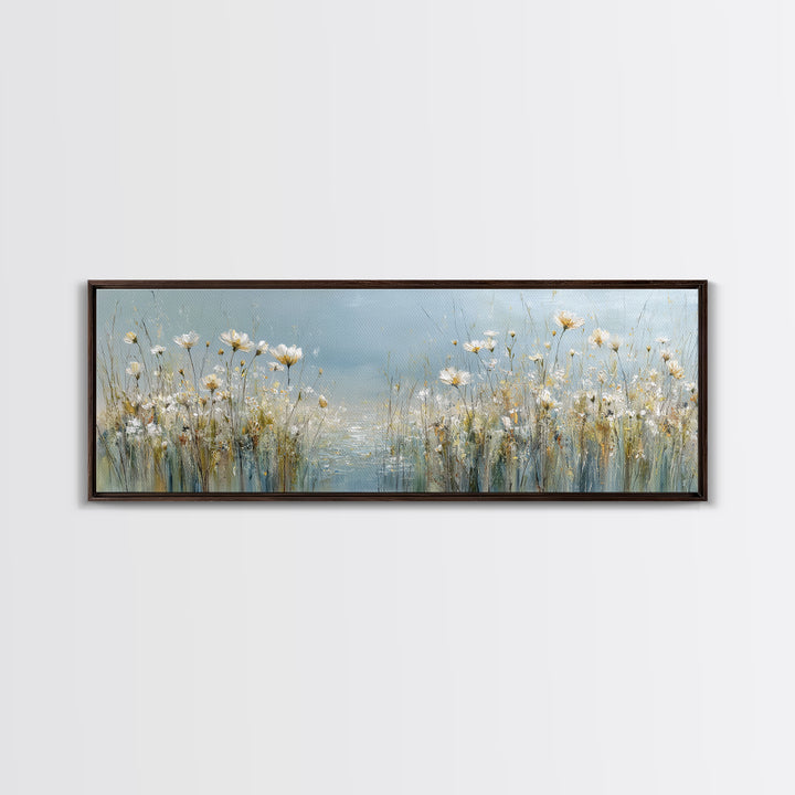 Sunlit Meadow with Wildflowers and Calm Mood Framed Canvas Print, Medical Office Art, Science Art, Office Decor, Watercolor Art, MOA-3x1-28