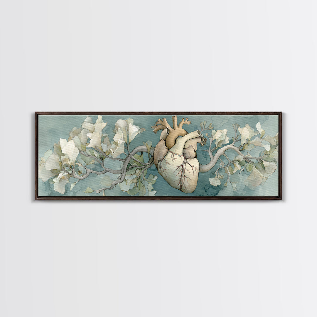 Anatomical Heart Rendered as Tasteful Botanical Art Canvas Print, Medical Office Art, Minimalist Art, Office Decor, Calm, MOA-3x1-5