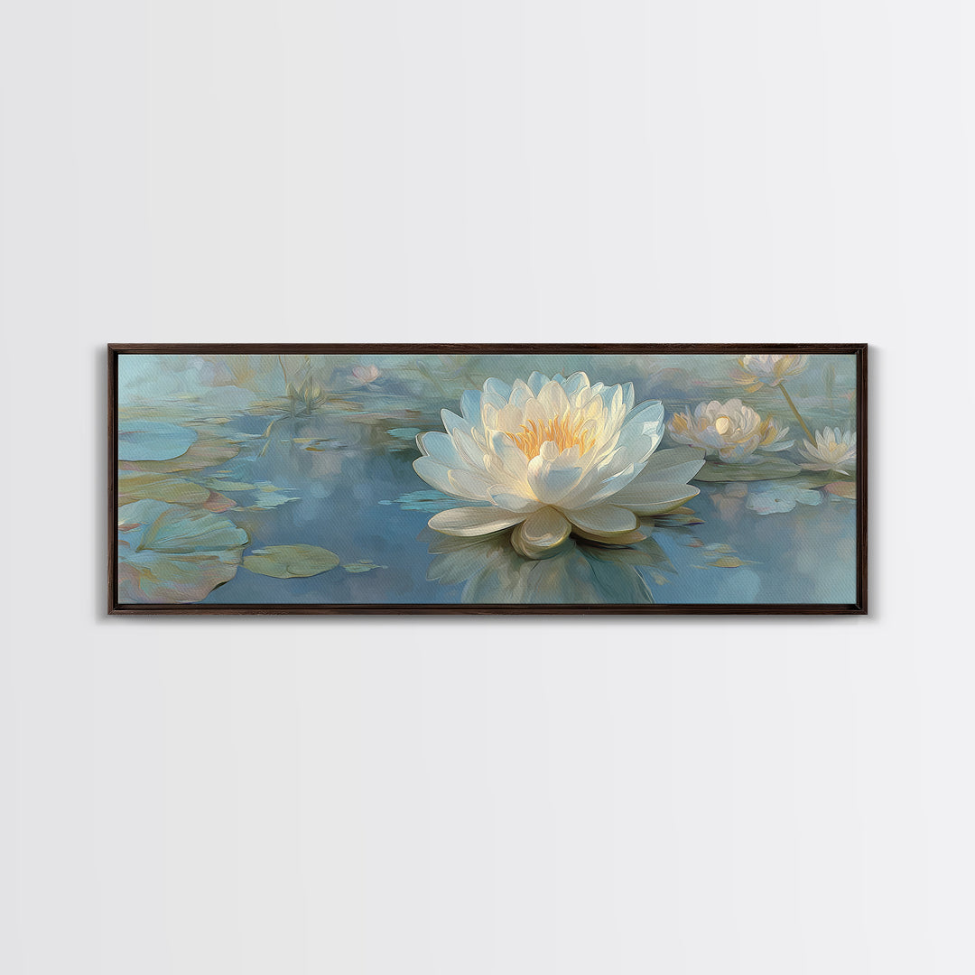 Lotus Flower Floating on Still Water Canvas Print, Medical Office Art, Teal Wall Art, Office Decor, Watercolor Art, Calm, MOA-3x1-75