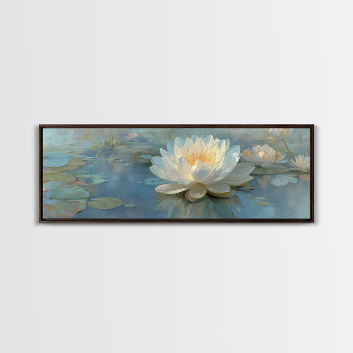Lotus Flower Floating on Still Water Canvas Print, Medical Office Art, Teal Wall Art, Office Decor, Watercolor Art, Calm, MOA-3x1-75