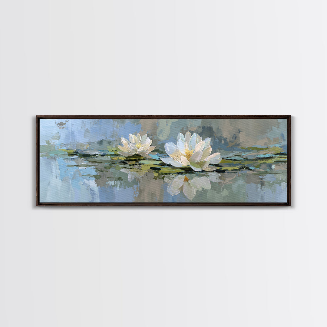 Lotus Flower Floating on Still Water Framed Canvas Print, Medical Office Art, Office Decor, Oil Painting, Calm, MOA-3x1-99