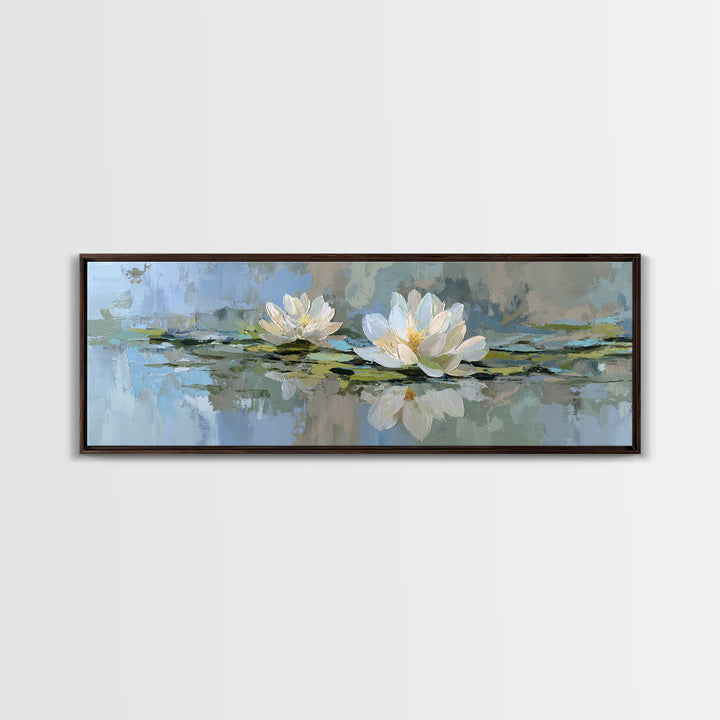 Lotus Flower Floating on Still Water Framed Canvas Print, Medical Office Art, Office Decor, Oil Painting, Calm, MOA-3x1-99