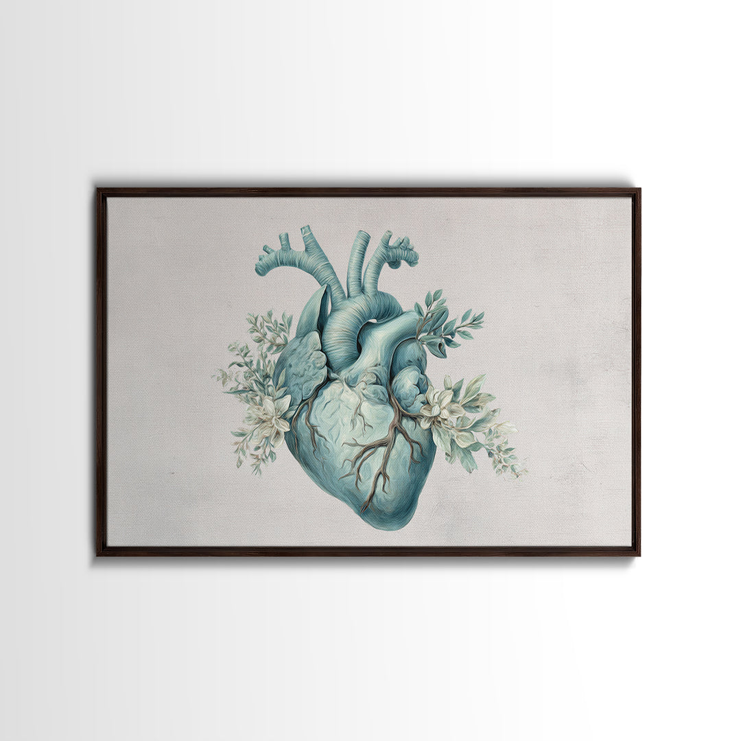 Anatomical Heart Rendered as Tasteful Botanical Art Framed Canvas Print, Medical Office Art, Anatomy Art, Office Decor, Calm, MOA-3x2-65