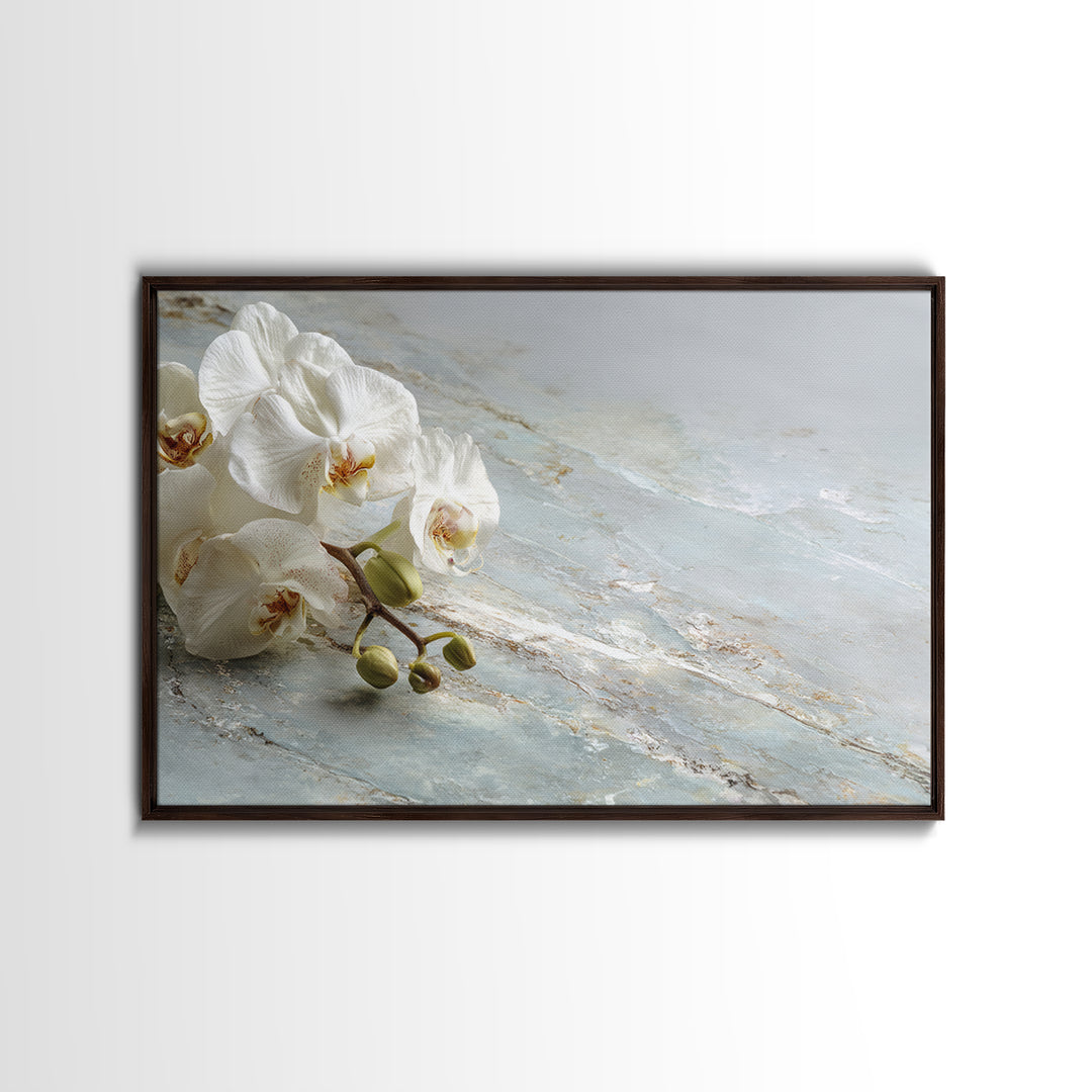 White Orchid on Gray Stone Surface Framed Canvas Print, Medical Office Art, Brain Art, Office Decor, Oil Painting, Calm, MOA-3x2-82