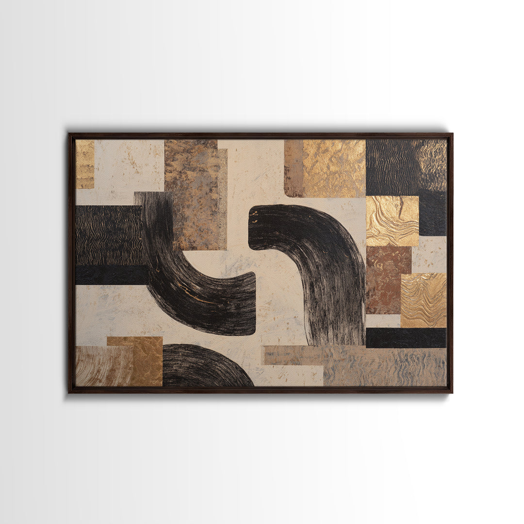 Dynamic Black Brush Marks on Neutral Ground Framed Canvas Print, Modern Art, Art Deco, Living Room Decor, Fine Art, Modern, MOD-3x2-63