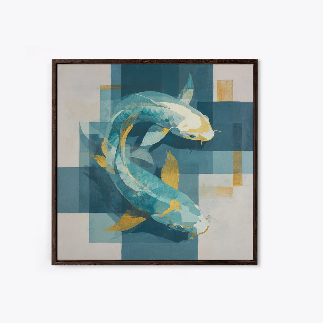 Teal Koi Fish on Tonal Water Framed Canvas Print, Monochrome Art, Gallery Decor, Living Room Decor, Fine Art, Mono, MON-1x1-41