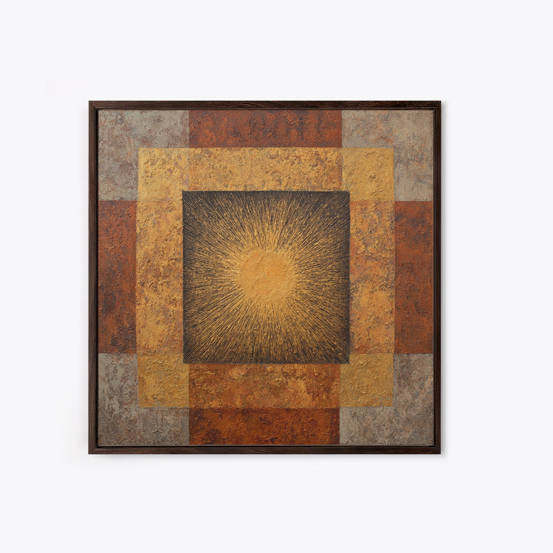 Gold Tonal Sunburst Medallion Framed Canvas Print, Monochrome Art, Wallpaper Mural, Living Room Decor, Fine Art, Mono, MON-1x1-62