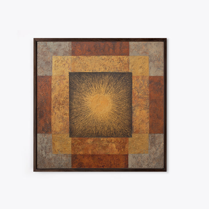 Gold Tonal Sunburst Medallion Framed Canvas Print, Monochrome Art, Wallpaper Mural, Living Room Decor, Fine Art, Mono, MON-1x1-62