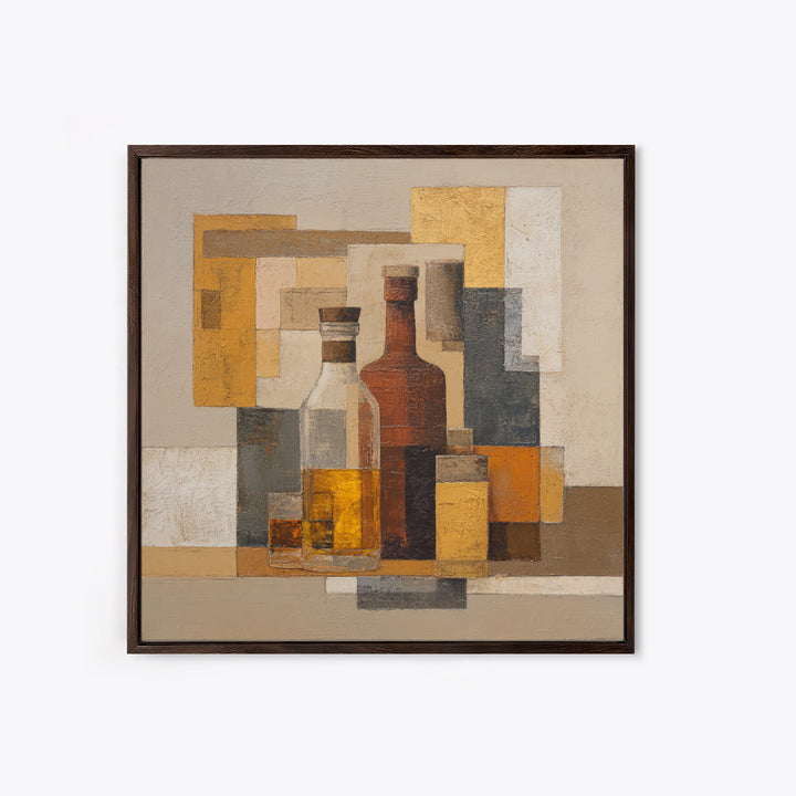 Brown Leather and Whiskey Still Life Framed Canvas Print, Monochrome Art, Abstract Painting, Living Room Decor, Fine Art, Mono, MON-1x1-71