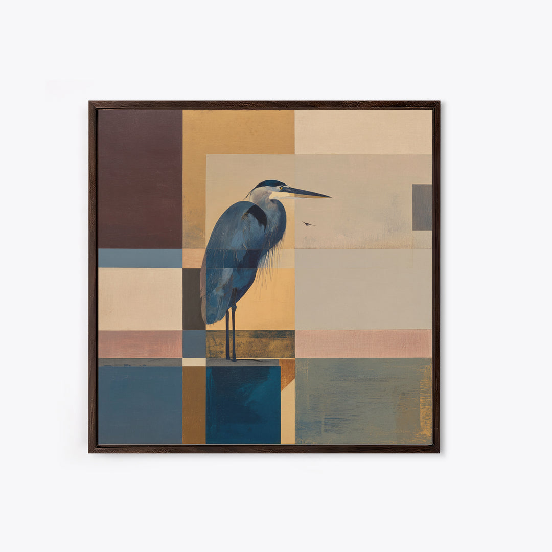 Blue Heron in Monochrome Navy Palette Framed Canvas Print, Monochrome Art, Mid Century Modern, Living Room Decor, Mono, MON-1x1-8